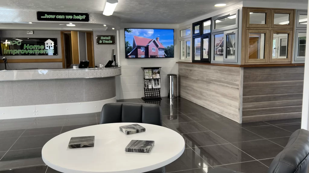 Showroom with sales counter and window display